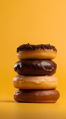 Stack of glazed donuts with chocolate and cocoa powder on yellow backgroundの素材
