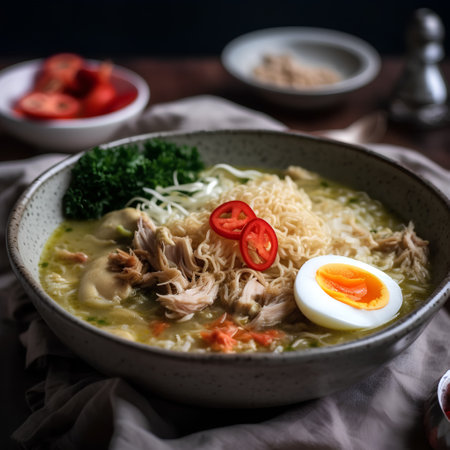 Noodles soup with chicken and egg in bowl on dark backgroundの素材