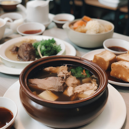 Beef soup in a clay pot on a table in a restaurantの素材