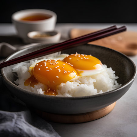 Bowl of rice with fried eggs and soy sauce on the tableの素材