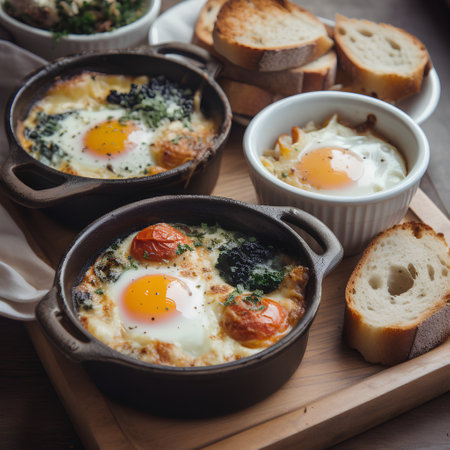 Fried eggs with tomatoes and herbs in a frying pan on a wooden boardの素材