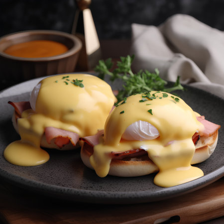 Eggs Benedict with hollandaise sauce on plate, closeupの素材