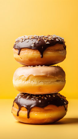 Donuts with chocolate glaze on yellow background. Sweet dessert.の素材