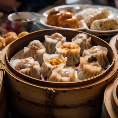 Chinese steamed dumplings in bamboo steamer, dim sumの素材