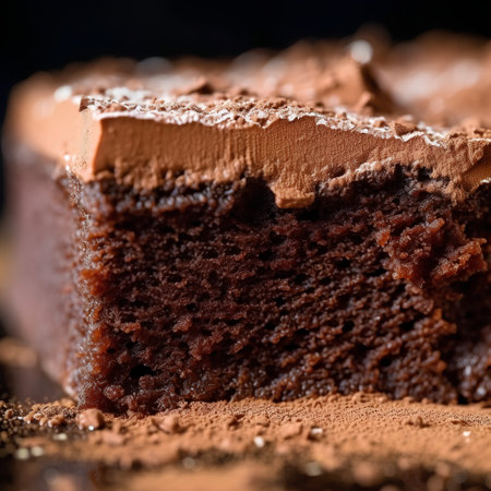 Chocolate cake with cocoa powder on dark background. Shallow dof.の素材
