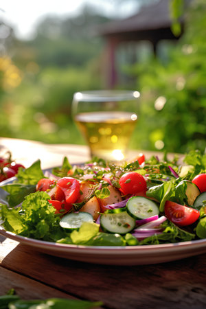 Fresh salad with tomatoes, cucumbers and herbs on a wooden tableの素材