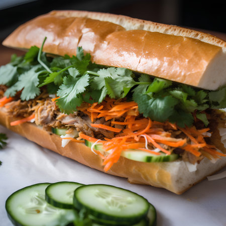 Sandwich with pulled pork, cucumber and coriander.の素材