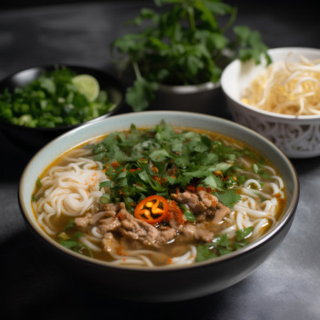Asian style noodle soup with beef and vegetables in bowl on dark backgroundの素材