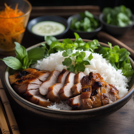 Hainanese rice with roasted duck and vegetables in a bowlの素材
