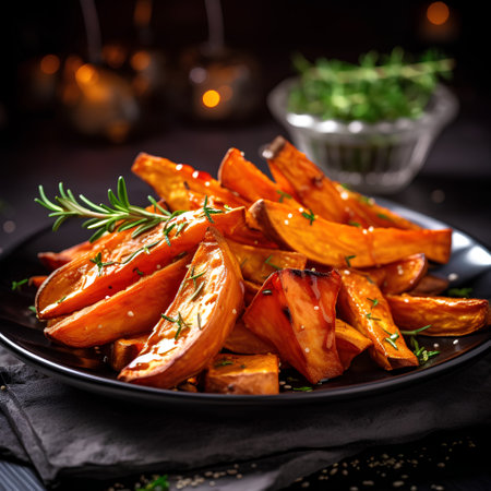 Sweet potato fries with rosemary and thyme on a black plate.の素材