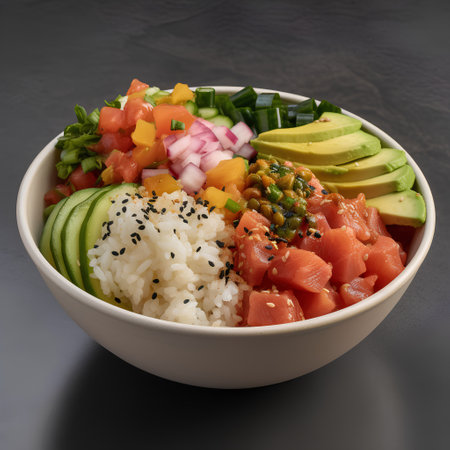 Hawaiian salmon poke bowl with rice, avocado, cucumber, onion and sesame seedsの素材