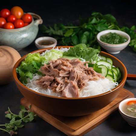 Bowl of rice vermicelli noodles with pork and vegetables on dark backgroundの素材