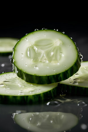 Cucumber slices with water drops on black background. Shallow dof.の素材