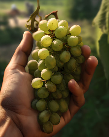 Close-up of a bunch of green grapes in the hands of a farmerの素材