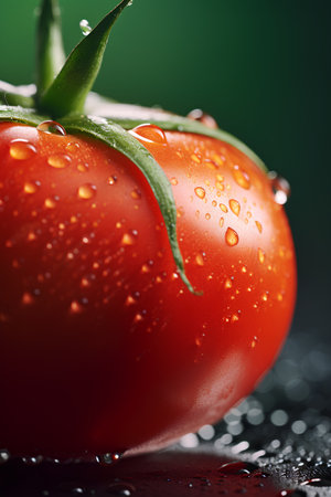 Fresh tomato with drops of water on a dark background close-upの素材