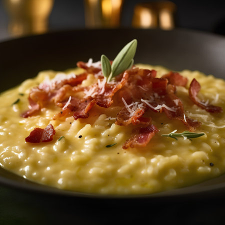 Risotto with bacon, cheese and herbs on a dark backgroundの素材