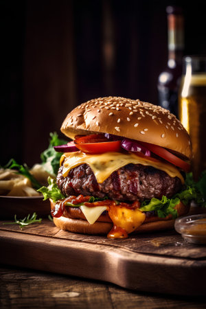 Cheese burger - American cheese burger with fresh salad on wooden backgroundの素材