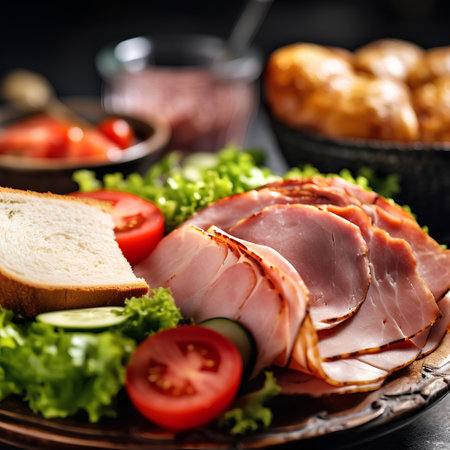Sliced ham with fresh vegetables and bread on a dark backgroundの素材