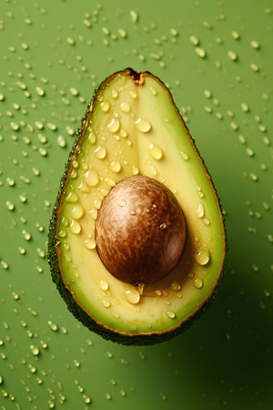 Half of avocado with water drops on green background, close up.の素材