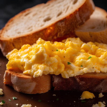 Scrambled eggs on toast with bread on a dark background.の素材