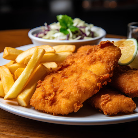 Breaded fish and chips served with salad on a white plateの素材