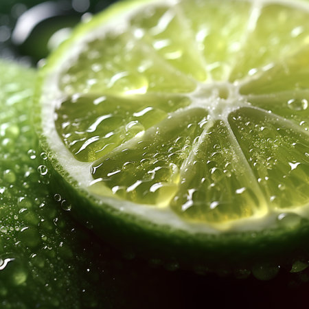 Fresh lime with water drops on a dark background. Close-up.の素材