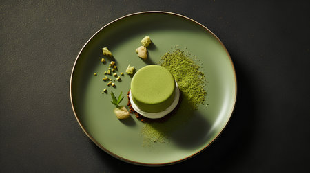 Green macaroon cake with pistachio powder on green plateの素材
