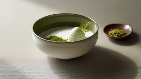 Green tea matcha with matcha powder in a bowl on a tableの素材