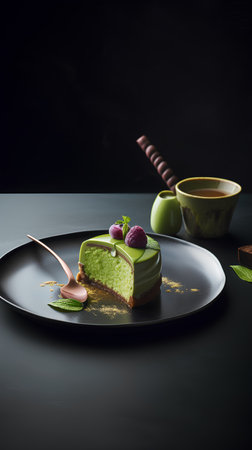 Green tea cake on a black plate with a spoon and a cup of teaの素材