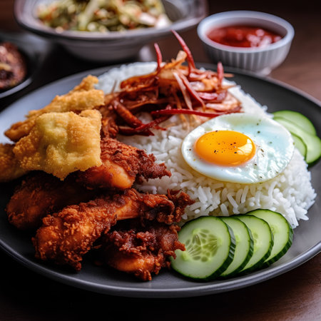 Crispy fried chicken with rice and fried egg. Thai foodの素材