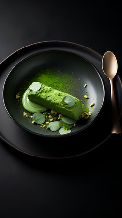 Green tea matcha cake on a black plate, 3d renderingの素材