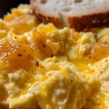 Scrambled eggs with slices of bread. Selective focus.の素材