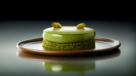 Green tea mousse cake with pistachio on a dark backgroundの素材