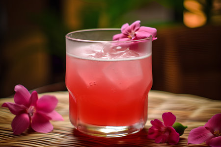 pink cocktail in a glass with ice and pink orchidsの素材