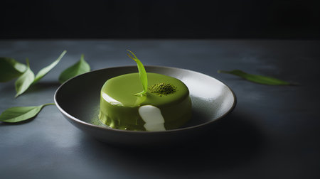 Panna cotta with matcha green tea on a black backgroundの素材