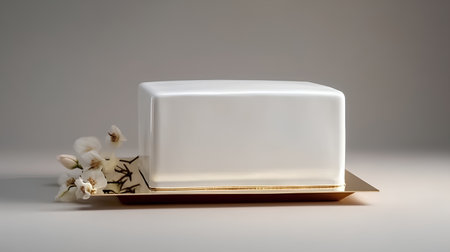 White soap in a golden tray with a white flower on a gray backgroundの素材