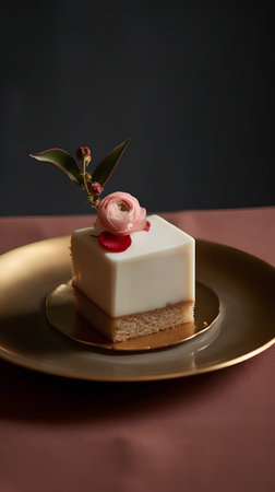 Piece of cheesecake with a rose on a golden plate.の素材