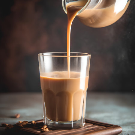 Pouring milk into a glass of coffee on a dark background.の素材