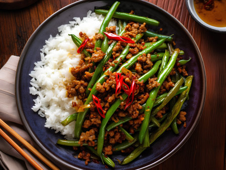 Stir-fried pork and green beans with rice on a plateの素材