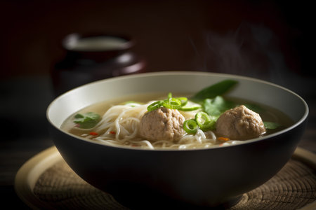 Noodles soup with meatballs in a bowl on dark backgroundの素材