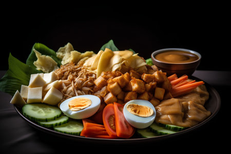 Pork dumplings with boiled egg and vegetables on black backgroundの素材