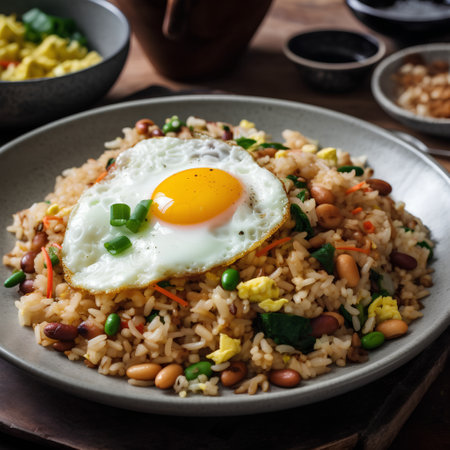 Fried rice with fried egg and vegetables on a wooden background.の素材