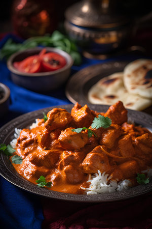 Chicken tikka masala with rice and naan. Indian cuisine. Selective focusの素材