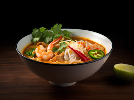 Tom Yum soup with shrimps in bowl on wooden tableの素材