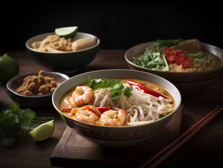Thai noodle soup with prawns in bowl on wooden tableの素材