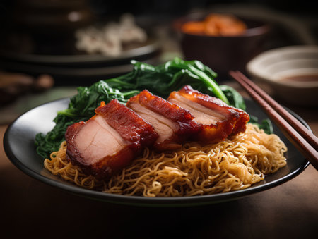 Egg noodle with crispy pork belly and kale on wooden tableの素材