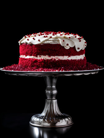 Red velvet cake with cream on a metal stand on a black backgroundの素材