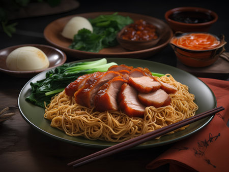 Egg noodles with roasted duck and vegetables on a wooden background.の素材