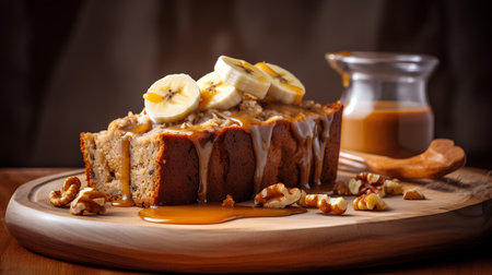 Banana cake with walnuts and caramel sauce on a wooden boardの素材