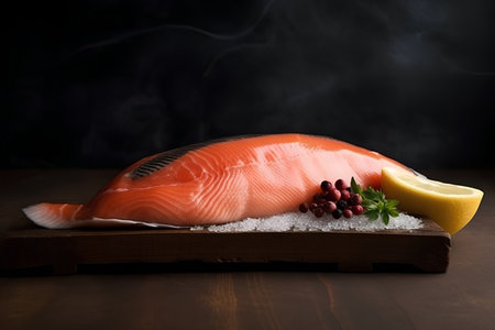 fresh salmon fillet with lemon and herbs on wooden board over black backgroundの素材